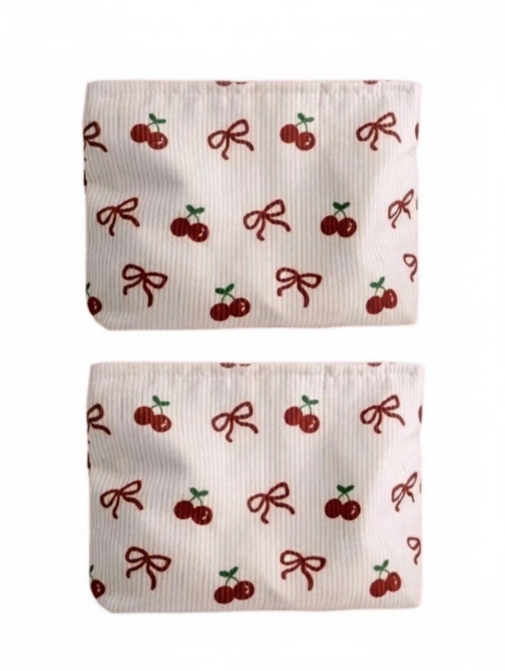 2 Pcs Cherry & Bow Corduroy Makeup Bag  Cream Cosmetic Pouch NWOT